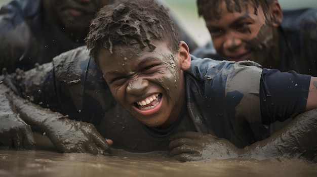 Rugby team working together to score a try in a muddy field