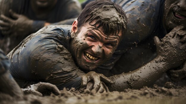 Rugby team working together to score a try in a muddy field