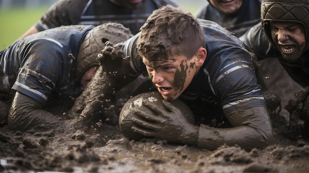 Rugby team working together to score a try in a muddy field