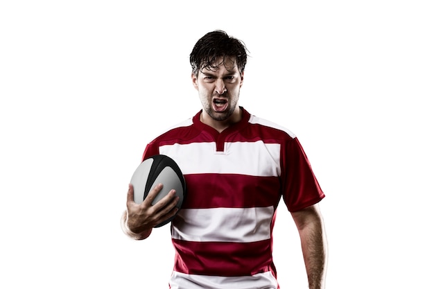 Rugbyspeler in een rood uniform.