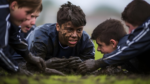 Rugbyteam werkt samen om een try te scoren in een modderig veld