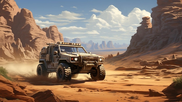 岩石 の 砂漠 の 景色 を 横断 し て いる 頑丈 な オールテレイン 車