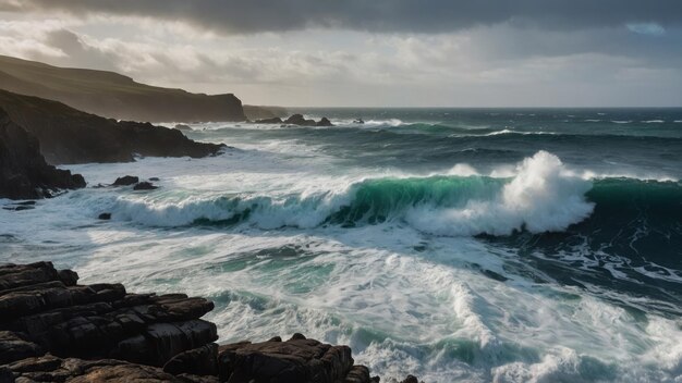 the rugged beauty of a rocky coastline pounded by crashing waves