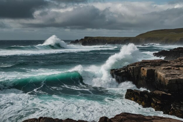 the rugged beauty of a rocky coastline pounded by crashing waves