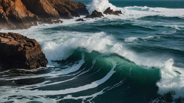 the rugged beauty of a rocky coastline pounded by crashing waves