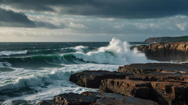 the rugged beauty of a rocky coastline pounded by crashing waves