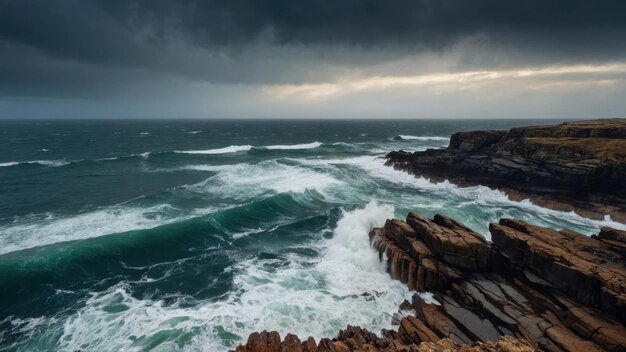 the rugged beauty of a rocky coastline pounded by crashing waves