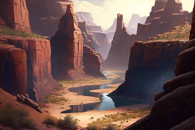 Rugged canyon with steep walls of red rock towering above a meandering river far below