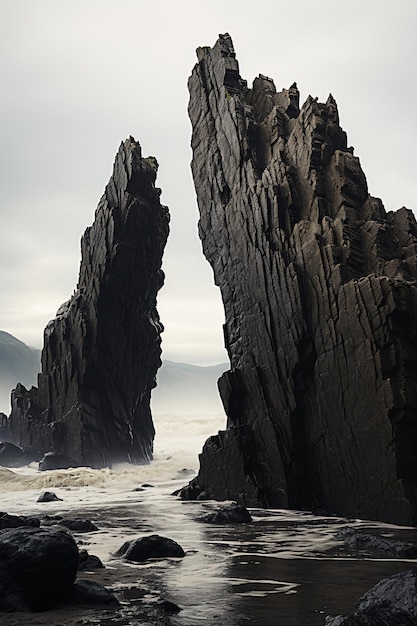 Rugged cliffs in the shape of an arch beneath the roaring wild sea a natural spectacle