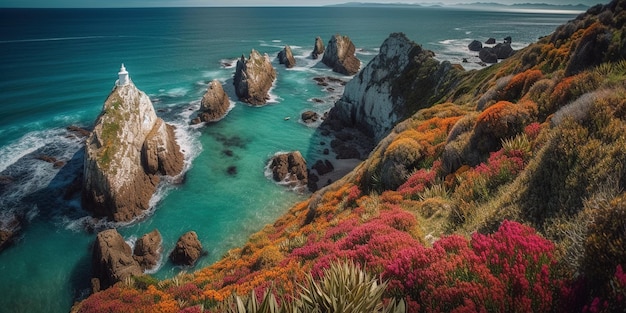 Ai가 생성한 우뚝 솟은 절벽과 광활한 바다가 만나는 오타고의 너겟 포인트(Nugget Point)의 험준한 해안선