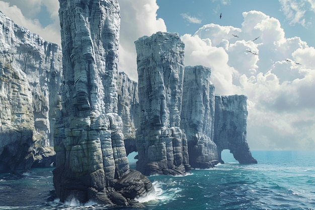 A rugged coastline with towering sea stacks