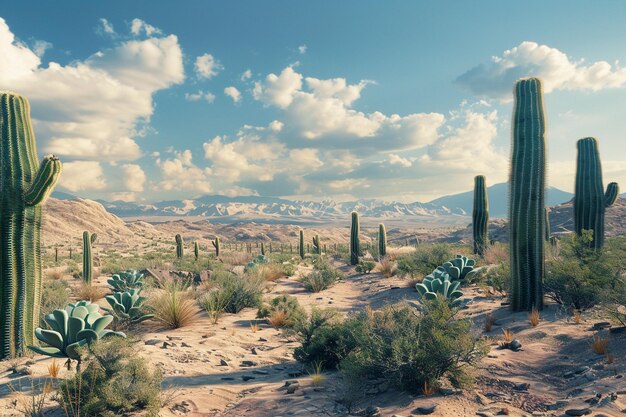 A rugged desert landscape dotted with cacti