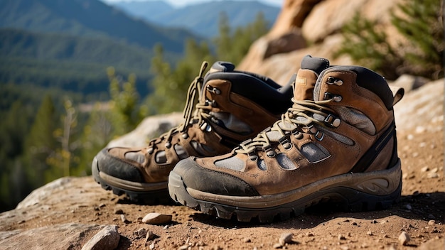 Rugged hiking boots on mountain trail at sunset