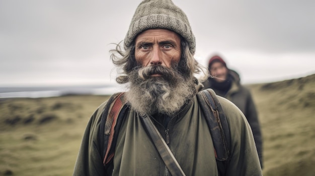 A rugged Icelandic man in harmony with the untamed wilderness symbolizing the resilience and strength inherent in the Icelandic culture AI generated