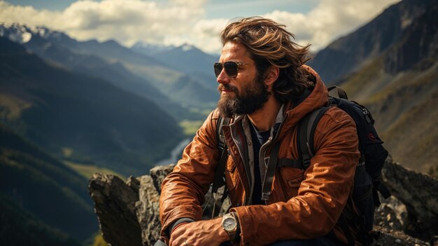Rugged male hiker with beard trekking in sunny mountain terrain