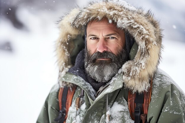 a rugged man in a fur lined parka