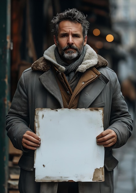 Rugged man holding a blank sign in urban setting message ready authentic portrait AI