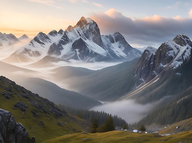 A Rugged mountain range at dawn with misty valleys and the first light breaking over the peaks