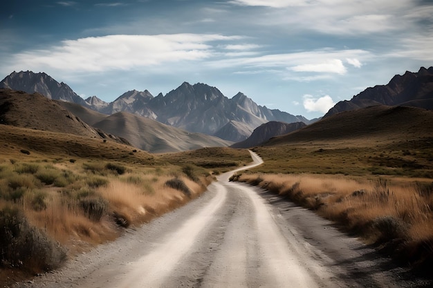 Rugged mountains in the distance and winding road leading up to them Anticipation and excitement The bright blue sky and fluffy clouds Exploration Generative Ai