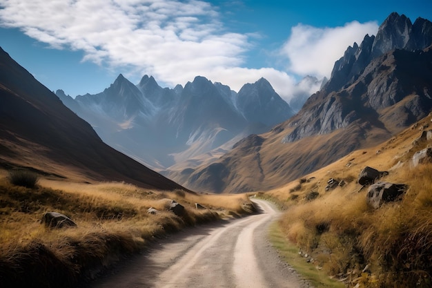 Rugged mountains in the distance and winding road leading up to them Anticipation and excitement The bright blue sky and fluffy clouds Exploration Generative Ai