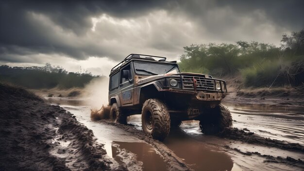 A rugged off road adventure drives through mud Off road travel