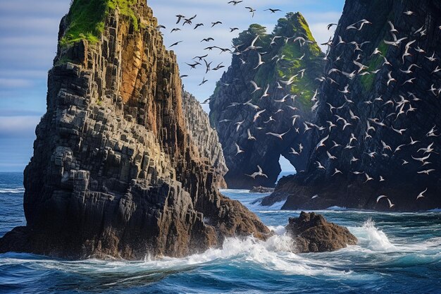 Photo rugged sea stacks with nesting seabird colonies