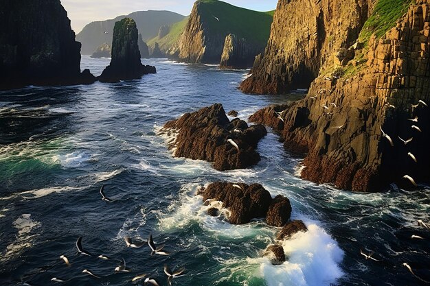 Photo rugged sea stacks with nesting seabird colonies