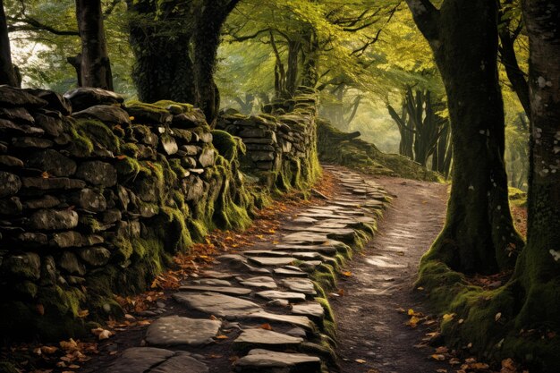 Foto strada di pietra accidentata strada della foresta generate ai