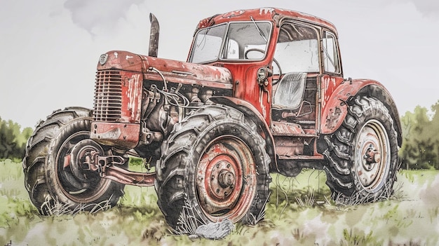 Rugged Tractors in Rural Setting Watercolor