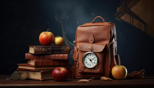 Rugzak met boeken en schoolspullen op een bureau