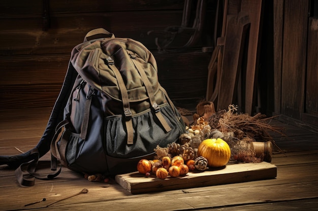 Rugzak met wandelkleding op een houten tafel