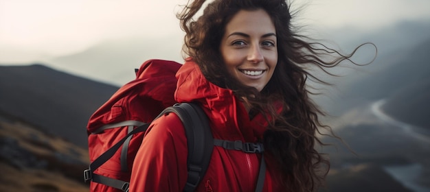 Rugzak schoonheid jong buitenshuis zomer portret vrouwelijk gelukkig actief persoon buiten natuur wandelaar vrije tijd glimlach op zoek wandeling levensstijl toeristische volwassen vrouwen reiziger