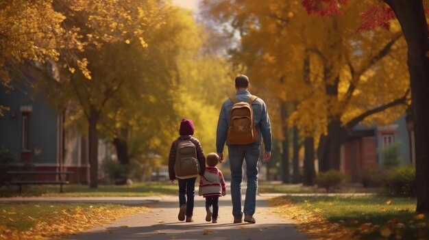 Rugzakkind dat met zijn vader naar school loopt door een schilderachtige parkstraat Generatieve AI