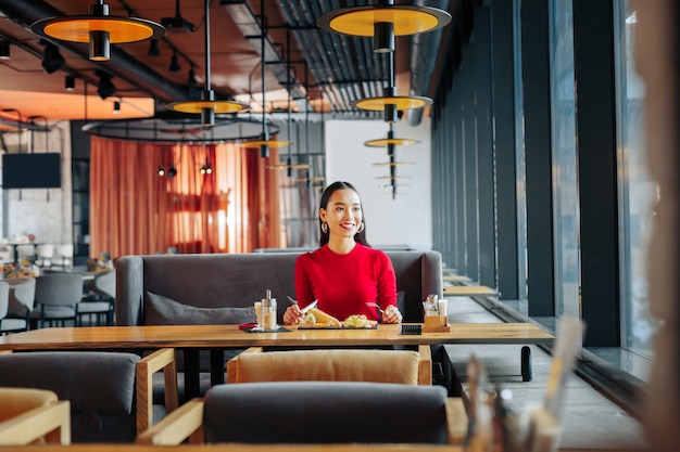 Ruim restaurant Donkerharige succesvolle zakenvrouw die lunch eet in een licht ruim restaurant