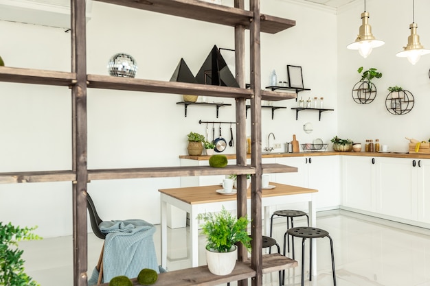 Ruim studio-appartement ingericht met hout en wit. Minimalistisch design met grote ramen in het zonlicht. keuken en woonkamer