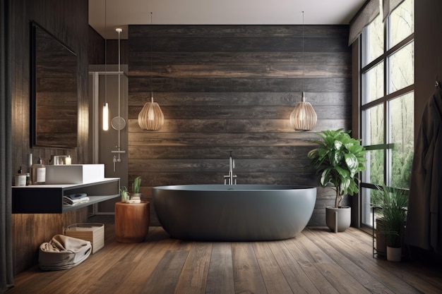 Ruime badkamer met een houten ligbad en rustieke muren gemaakt met Generative AI-technologie