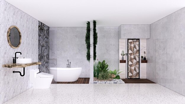 Ruime badkamer met modern natuurlijk concept met kamerplanten