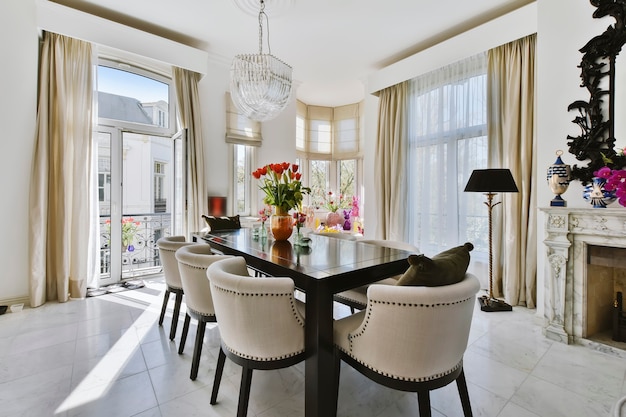 Ruime eetkamer in minimalistische stijl met tafel en stoelen in modern appartement met witte muren en houten vloer