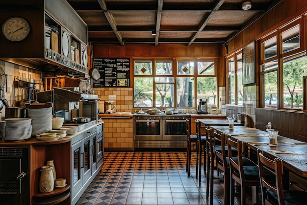 Foto ruime keuken met een ruime toonbank een ouderwetse lege restaurantkeuken met de warmte van rustieke kleuren ai gegenereerd