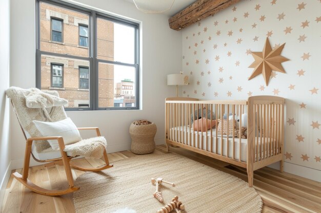 Foto ruime kinderkamer met houten wieg en sterre behang in een wit appartement