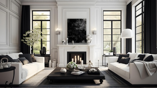 Ruime klassieke woonkamer in zwart-wit