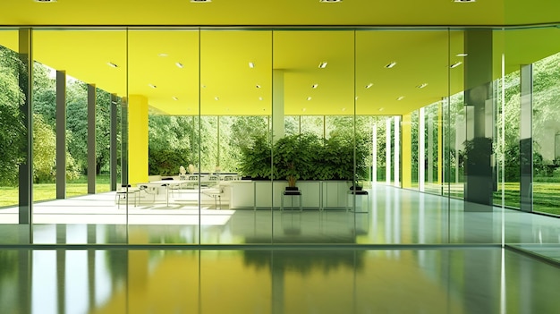 Ruime lichte ruimtelijke kamers met veel groen achter het glas Publiek pand voor kantoor galerie expositie Generative Ai
