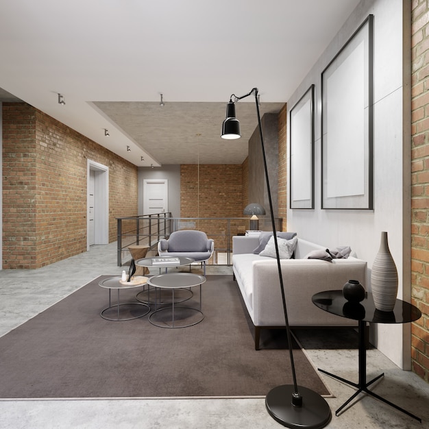 Ruime moderne open loft-woonkamer met comfortabele grijze banken in zitgedeeltes. 3D-rendering