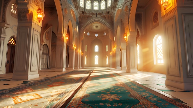 Ruime moskee met zonlicht verlichting tapijt vloer sierlijke bogen en decoratieve patronen