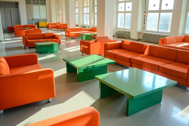 Foto ruime ruimte met oranje banken en lage groene koffietafels
