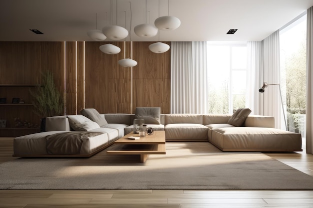 Ruime woonkamer met een comfortabele bank en een stijlvolle salontafel Generatieve AI