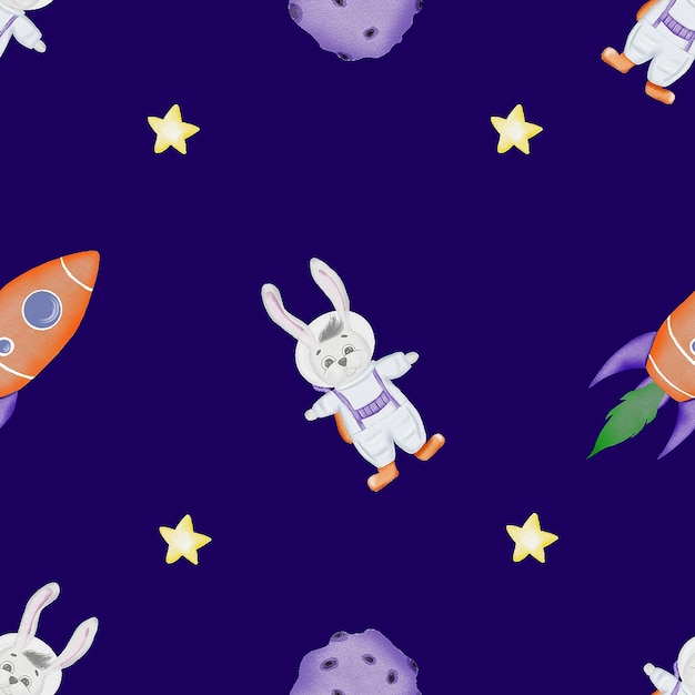 Ruimte naadloos patroon schattig kinderachtig patroon met konijntjes astronauten in ruimte raket planeet ster