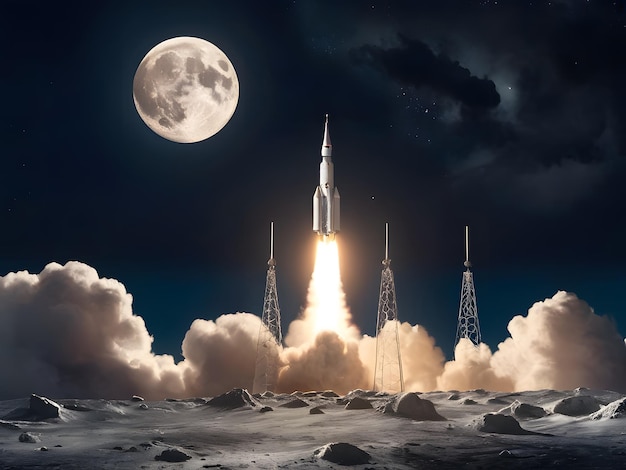 Foto ruimte-raket lanceert in de lucht met ongelooflijke speedrocket naar de maan