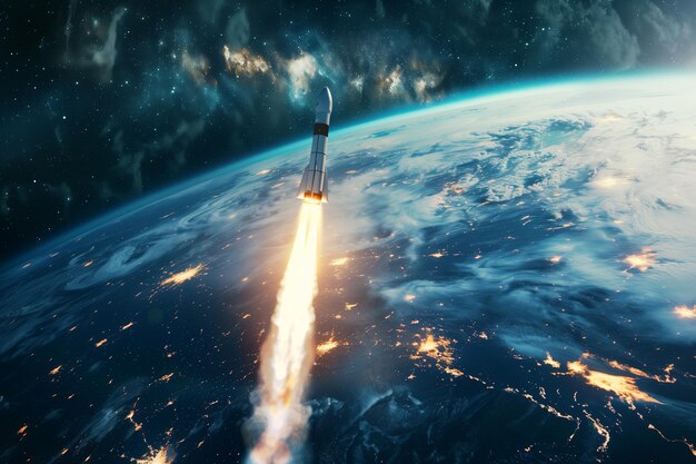 Foto ruimte raket lanceringsschip raket ruimteschip op een baan om een bewoonde planeet in de open ruimte