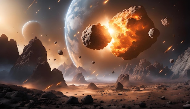 Ruimte rotsen vallen op planeten explosies en botsingen van kometen